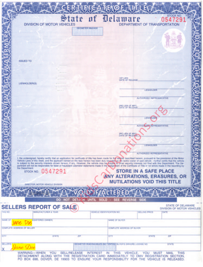 This is an Example of Delaware Certificate of Title To Motor Vehicle (2016) Front View | Kids Car Donations